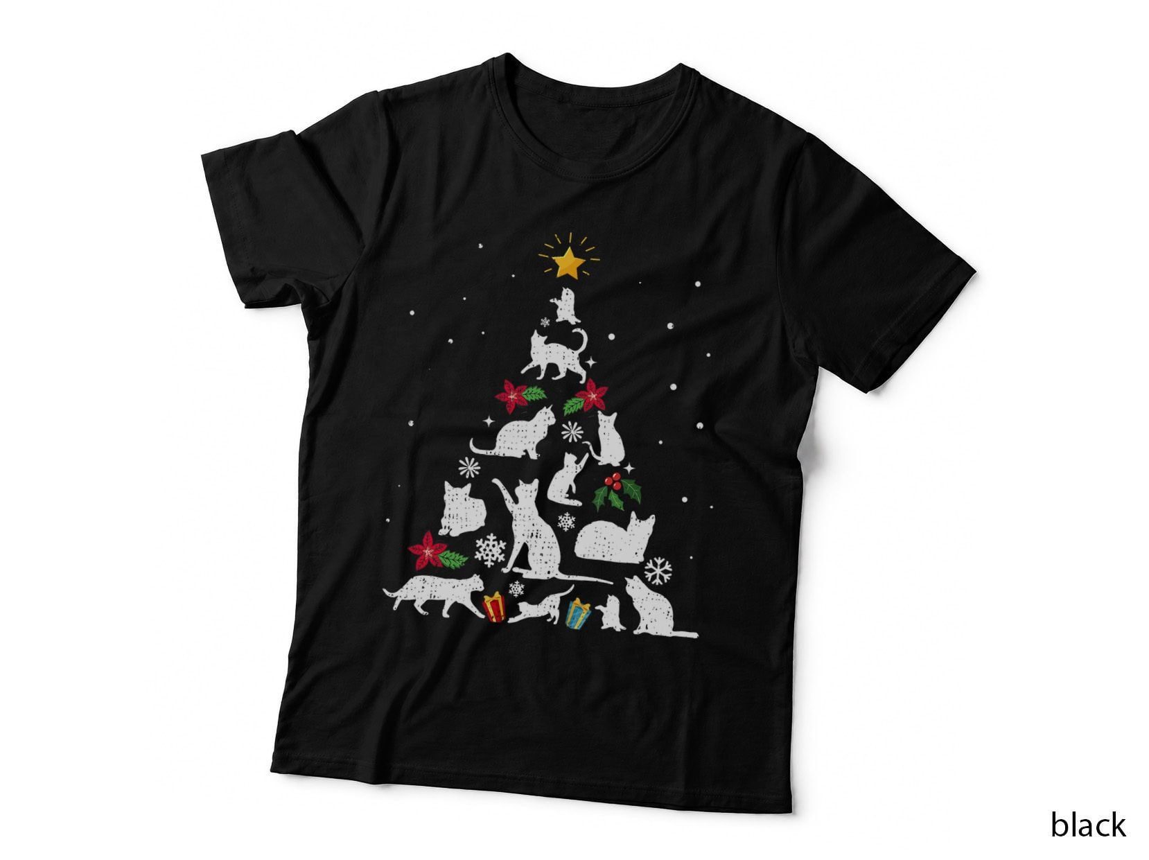 Cat Silhouette Christmas Tree T-Shirt, Kittens and Star, Cat Lover