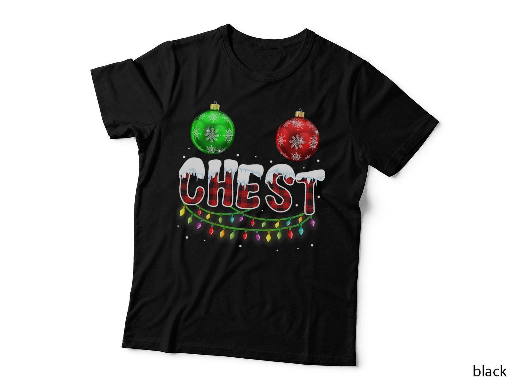 Chest Christmas Couple T-Shirt, Matching His Hers Baubles, Plaid Lights Xmas