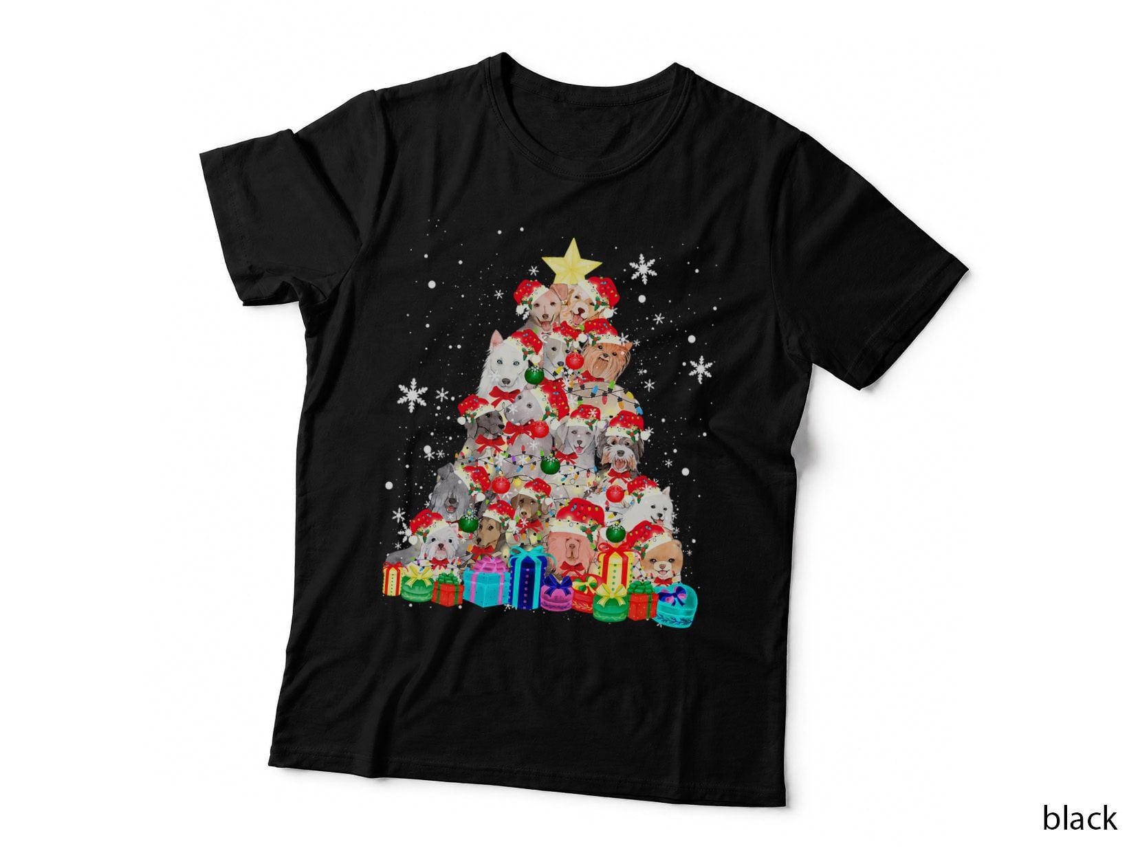 Dog Christmas Tree T-Shirt, Stacked Puppies in Santa Hats and Bows