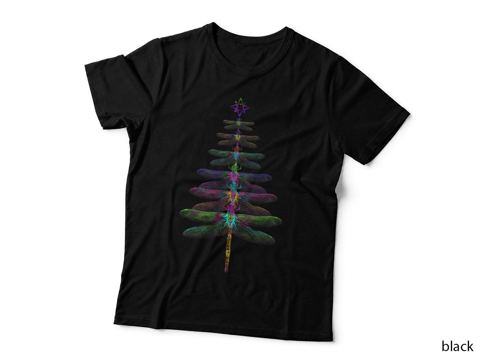 Dragonfly Christmas Tree T-Shirt, Colourful Insect Stack, Xmas Bug Lover