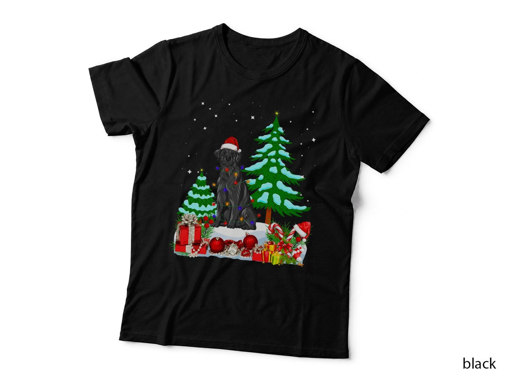 Flat Coated Retriever Dog Wearing Christmas Hat Tree Lights T-Shirt
