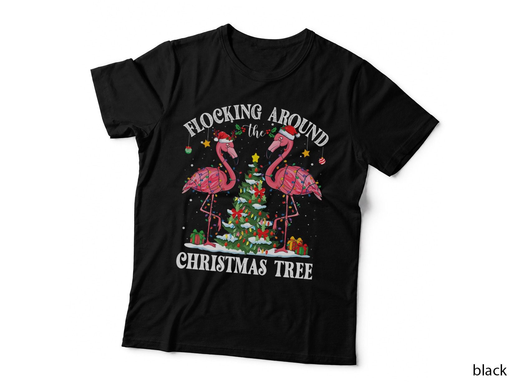 Flocking Around Christmas Tree Flamingo Santa Xmas Pajama T-Shirt