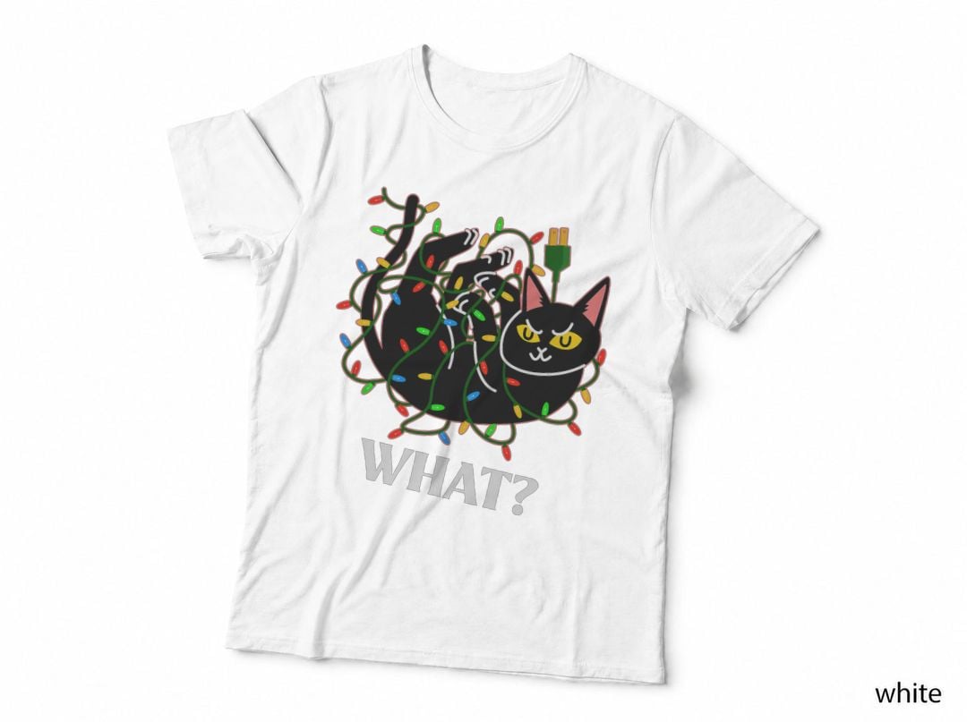 Funny Cat Tangled in Christmas Tree Lights Says What Cat T-Shirt