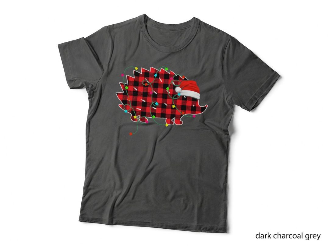 Funny Hedgehog Christmas Tree Red Plaid Xmas Animals Lover T-Shirt