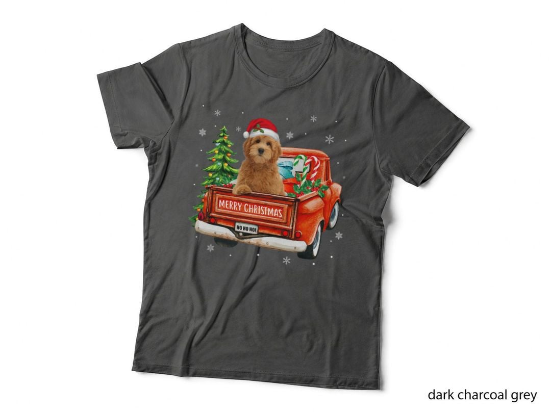 Goldendoodle Dog Ride Red Truck Christmas T-Shirt, Festive Holiday Print