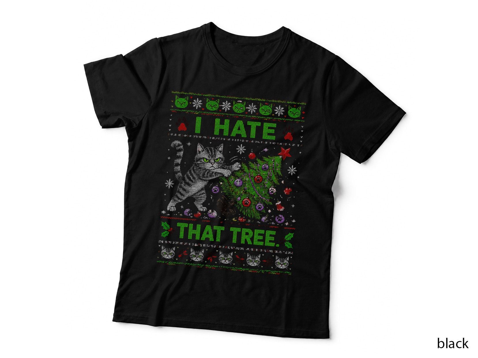 Grumpy Cat Christmas Ugly Sweater Funny Feline Holiday Knit Cat Halftone T-Shirt