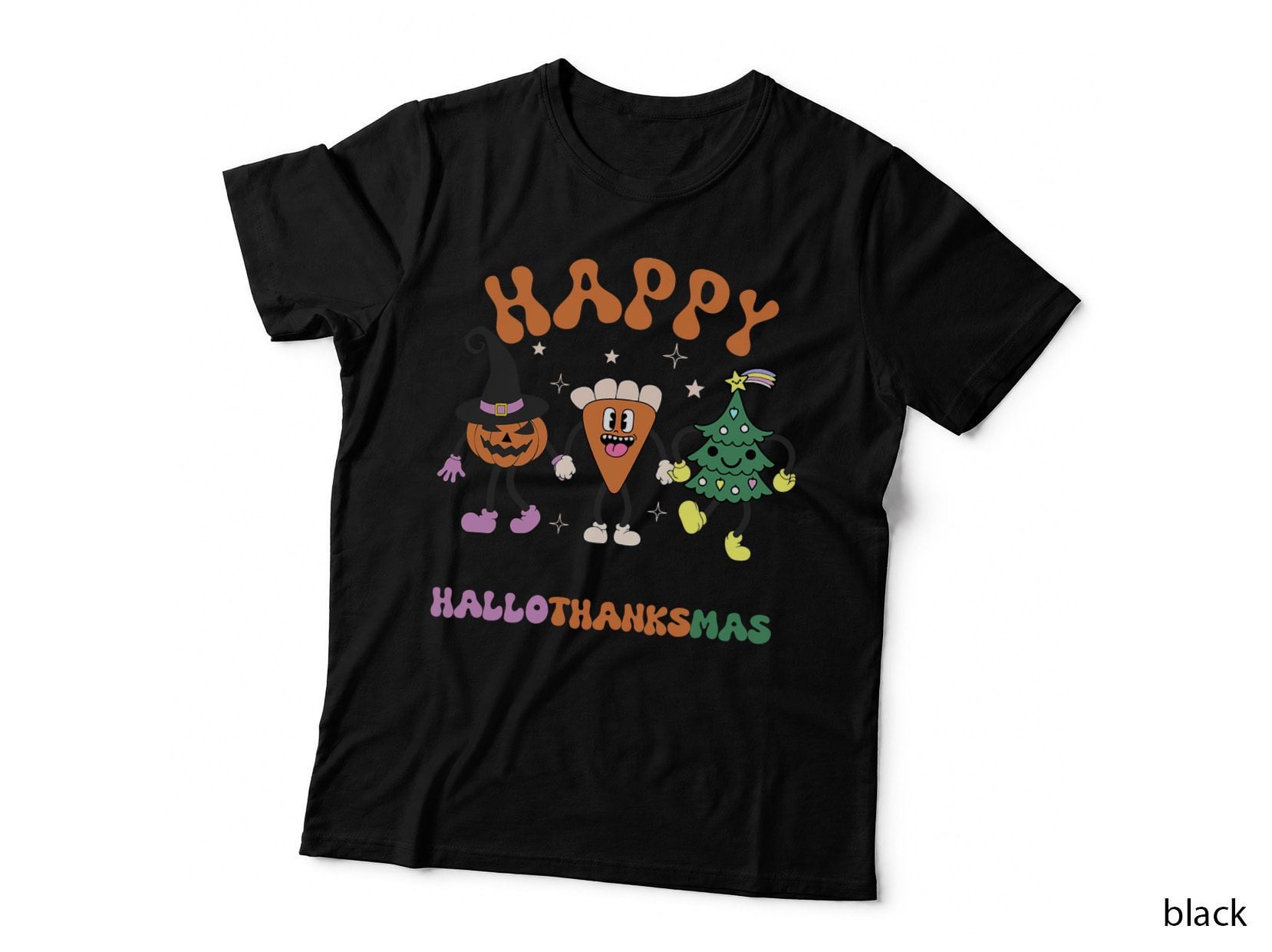 Happy Hallothanksmas T-Shirt, Retro Holiday Mashup, Festive Apparel