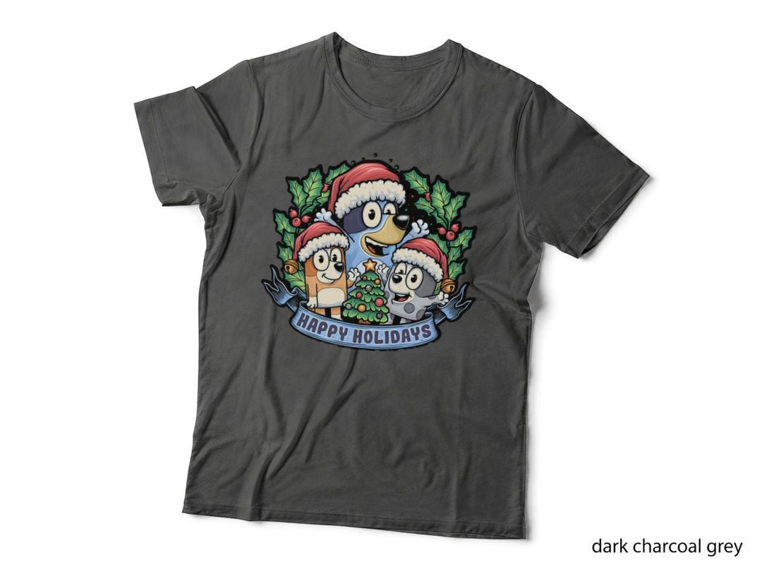 Happy Holidays Cartoon Dogs T-Shirt, Santa Hat Holly, Xmas Family Banner
