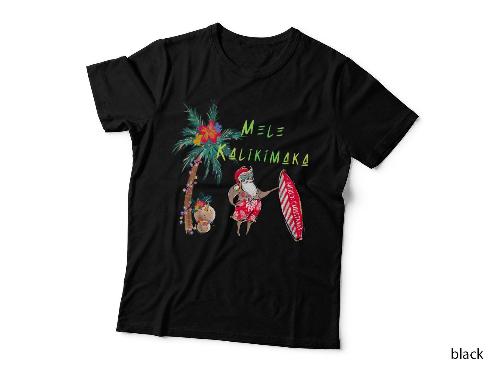 Hawaiian Christmas Santa and Surf Board T-Shirt