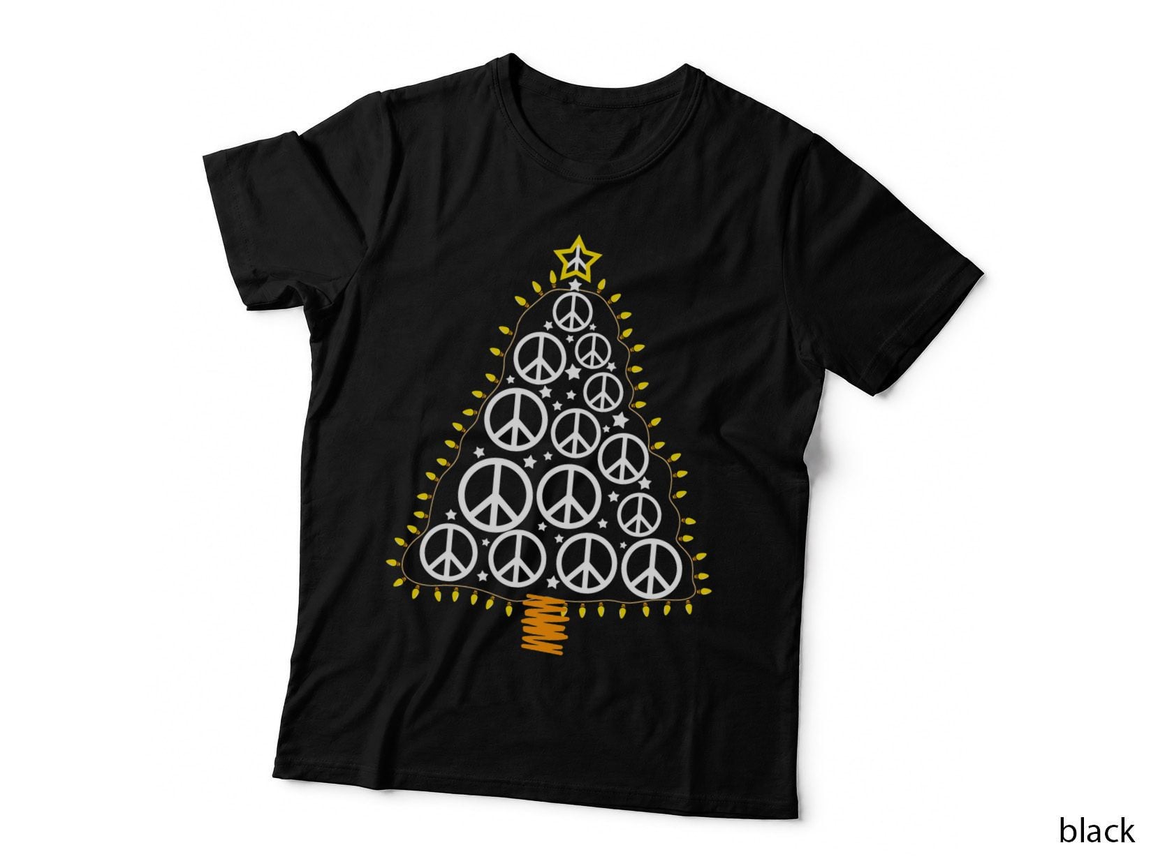 Hippie Peace Sign Christmas Tree T-Shirt, Retro Holiday, Stars and Lights