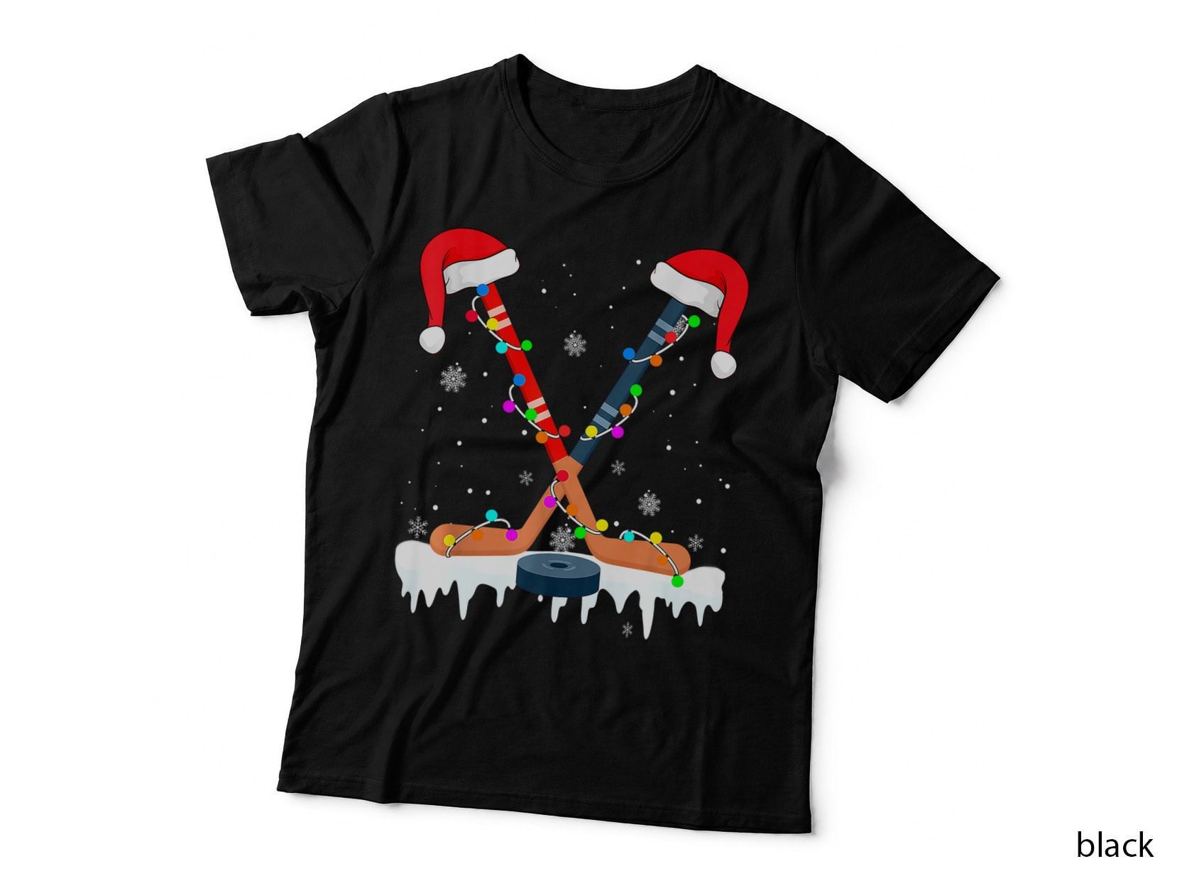 Hockey Santa Hat Christmas Lights Funny Sport Boys Xmas Pjs T-Shirt