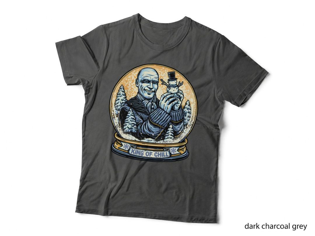 King of Chill T-Shirt, Bald Man Snow Globe Snowman, Winter Tophat Portrait