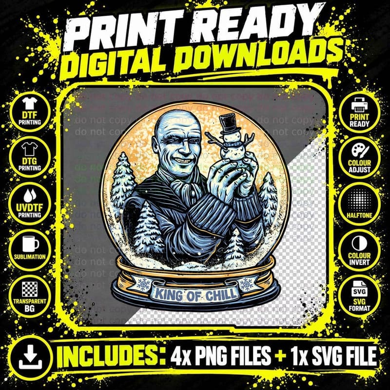 King of Chill T-Shirt, Bald Man Snow Globe Snowman Png SVG Digital Bundle