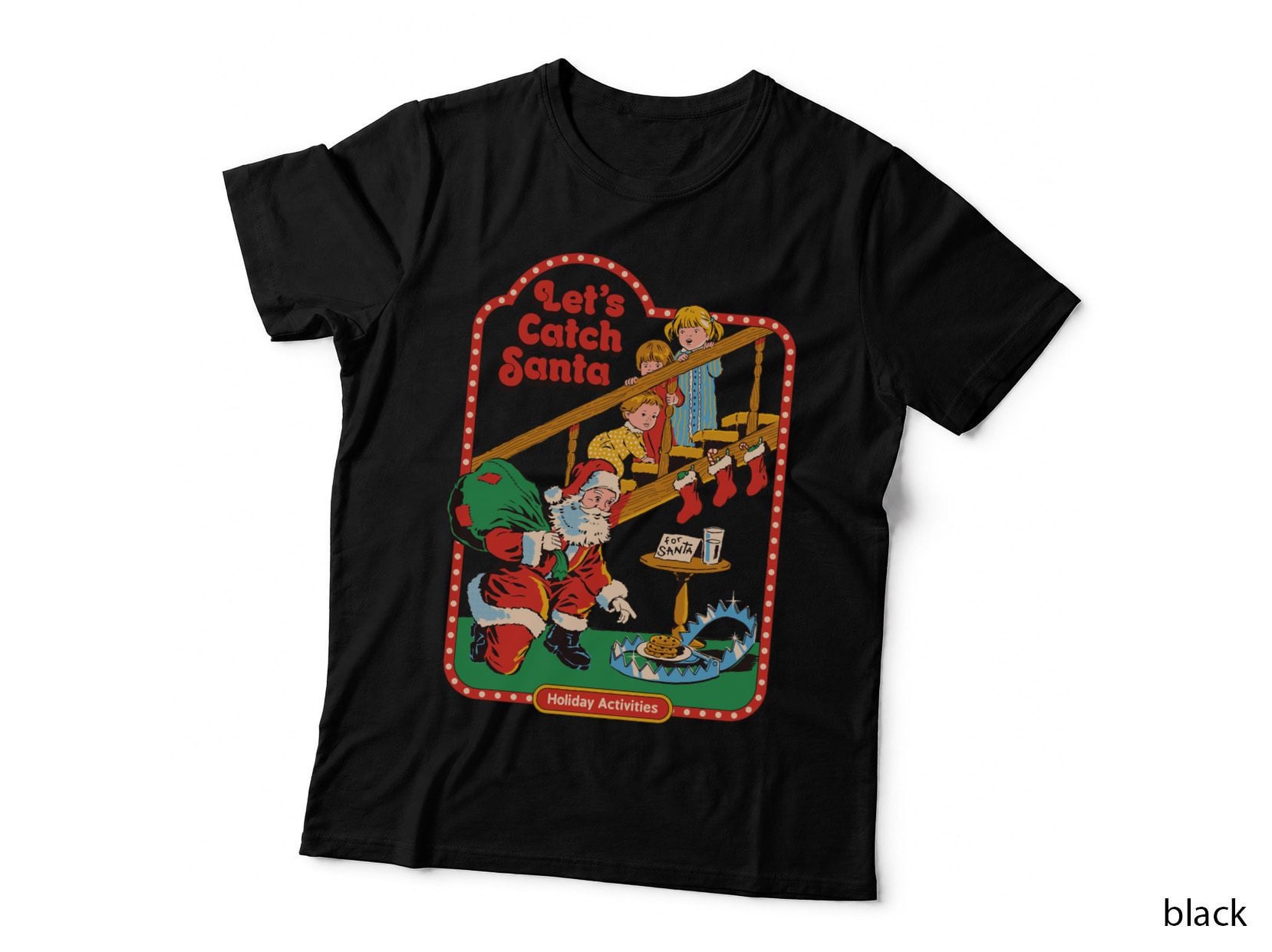 Lets Catch Santa Retro Cartoon, Kids on Stairs Cookie Trap, Holiday Tee