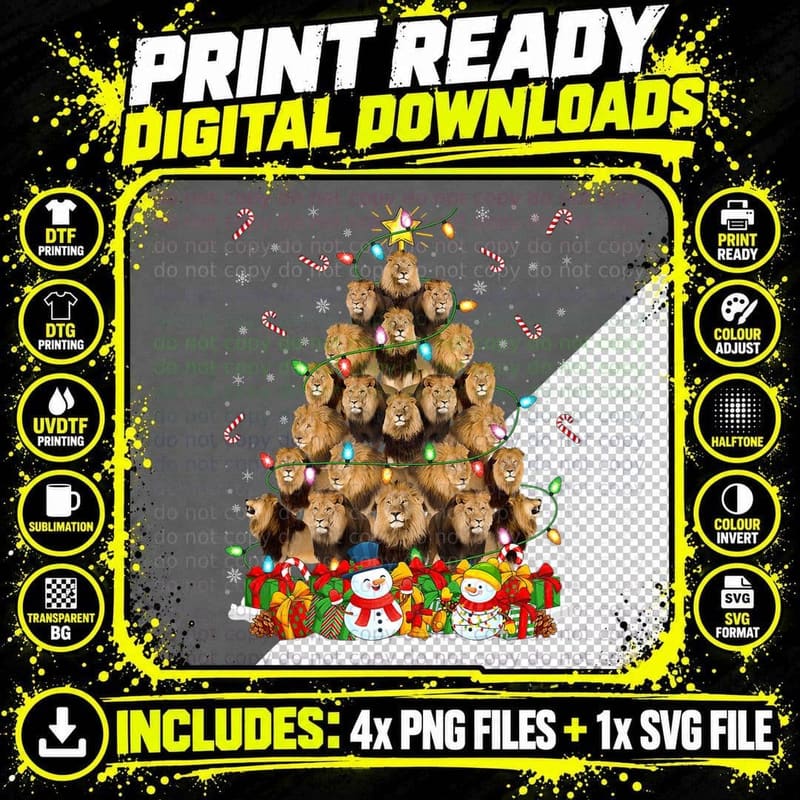 Lion Xmas Lighting Santa Lion Christmas Tree T-Shirt Png SVG Digital Bundle