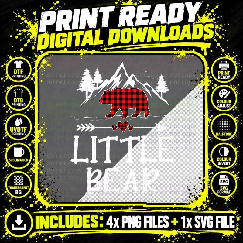 Little Bear Christmas Pajama Red Plaid Buffalo Matching Png SVG Digital Bundle