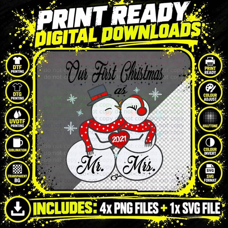 Matching Snowman Couple T-Shirt, Christmas Holiday Theme Png SVG Digital Bundle