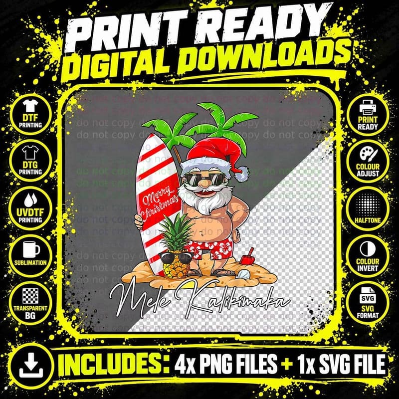 Mele Kalikimaka Hawaii Christmas Surfing Santa Png SVG Digital Bundle