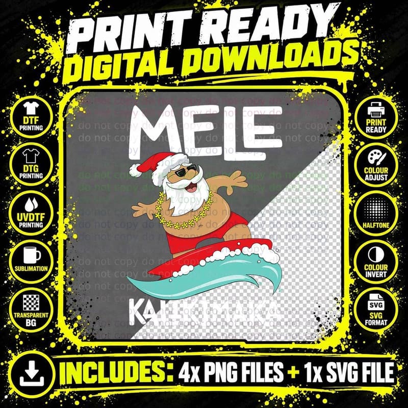 Mele Kalikimaka Hawaiian Christmas Hawaii Surfing Santa Png SVG Digital Bundle
