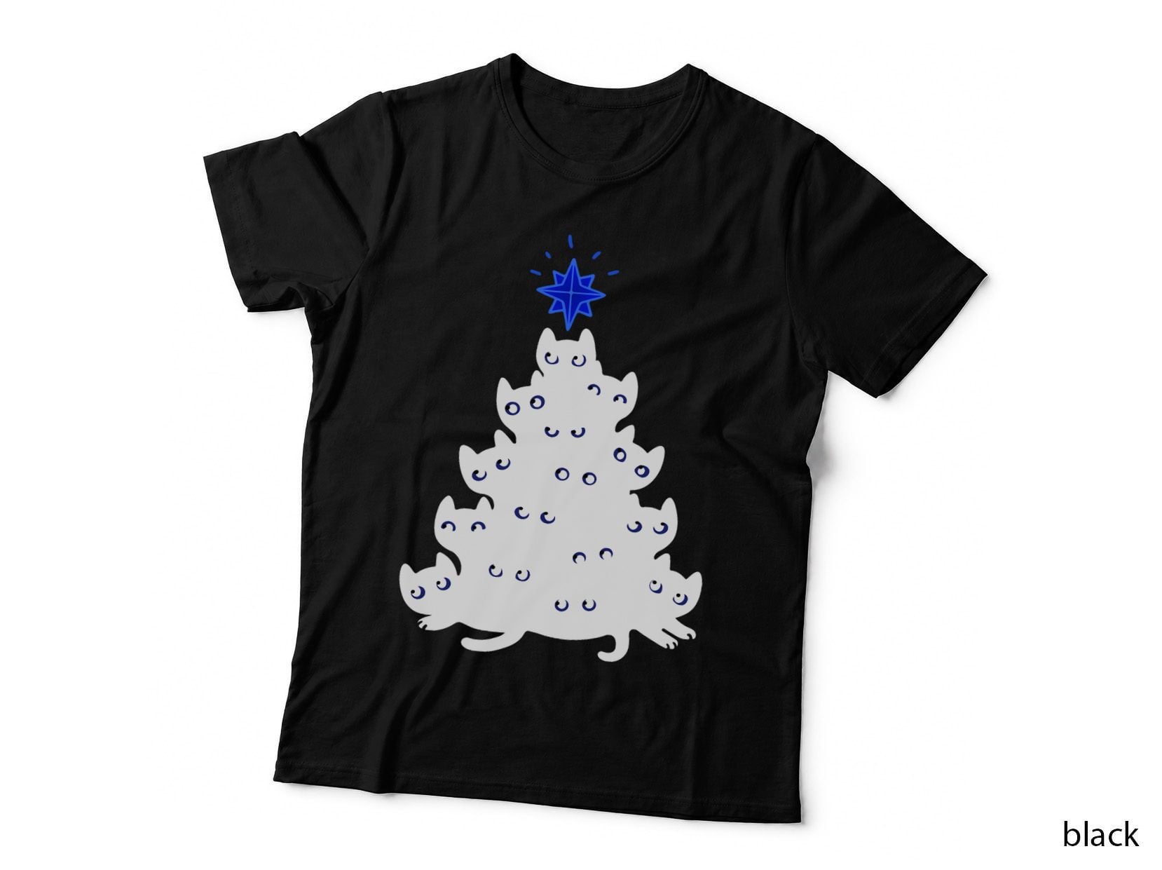 Meowy Christmas Black Cat Tree Pile, Yellow Star Topper, Cute Kitty Tee