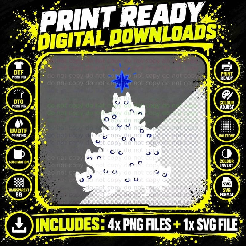 Meowy Christmas Black Cat Tree Pile, Yellow Star Topper Png SVG Digital Bundle