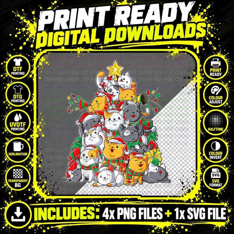 Merry Catmas Cat Tree Shirt, Kittens Santa Hats Scarves Png SVG Digital Bundle