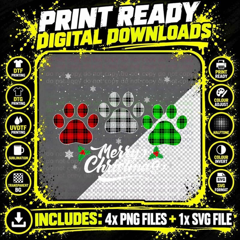 Merry Christmas Buffalo Plaid Dog Paws T-Shirt Png SVG Digital Bundle
