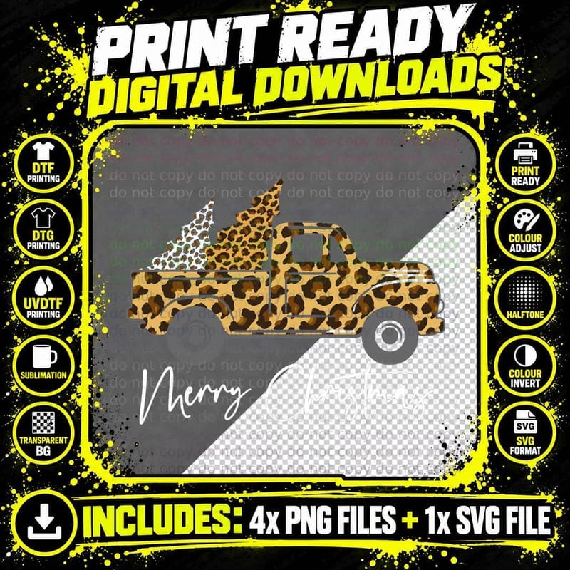 Merry Christmas Leopard Truck Tree Red Plaid Family Png SVG Digital Bundle