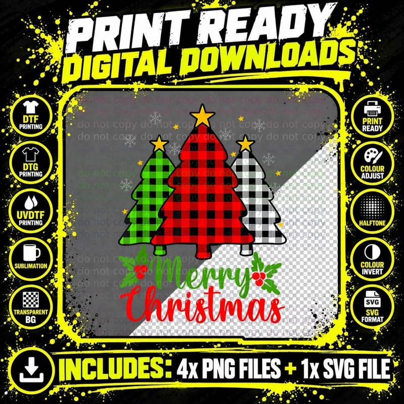 Merry Christmas Tree Buffalo Plaid Red White Green Cute Png SVG Digital Bundle