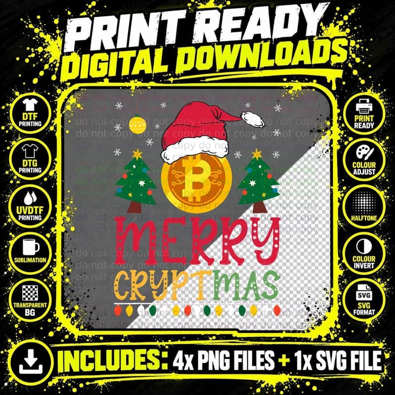 Merry Cryptmas Bitcoin T-Shirt, Santa Hat Coin and Trees Png SVG Digital Bundle