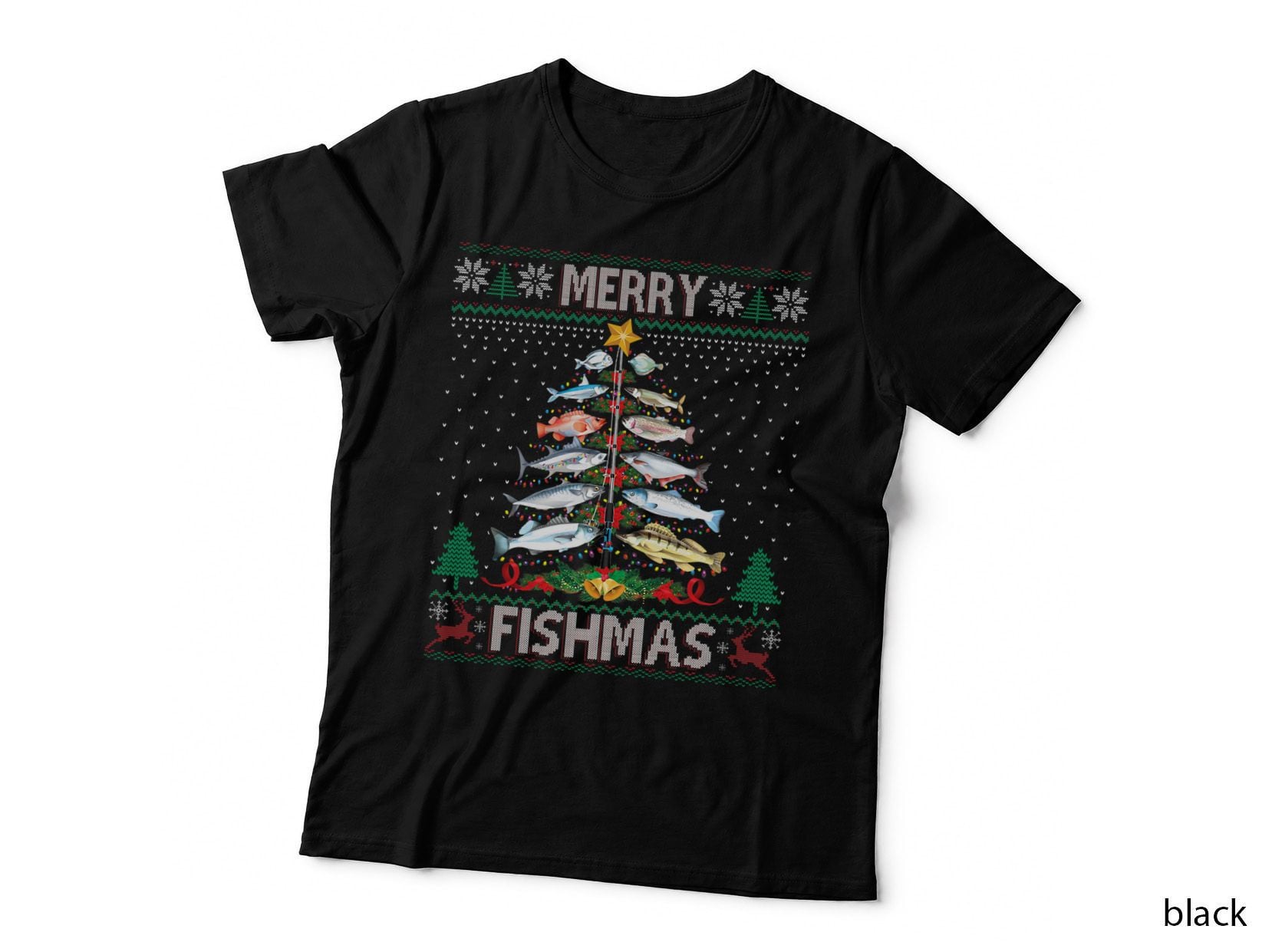 Merry Fishmas Ugly Sweater Fish Fishing Rod Christmas Tree T-Shirt