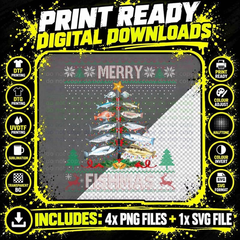 Merry Fishmas Ugly Sweater Fish Fishing Rod Christmas Png SVG Digital Bundle