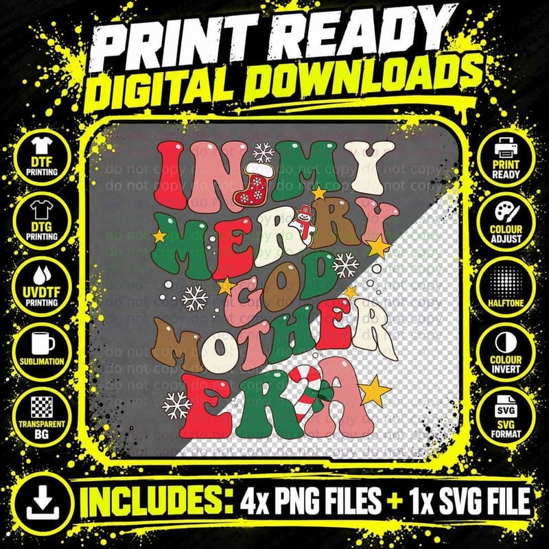 Merry Godmother Era T-Shirt, Groovy Retro Festive Png SVG Digital Bundle