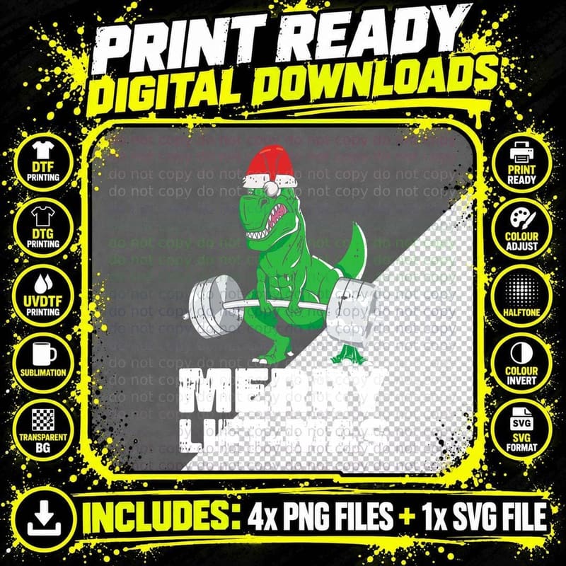 Merry Liftmas Christmas Funny X-Mas Pun T-Rex Gym Png SVG Digital Bundle