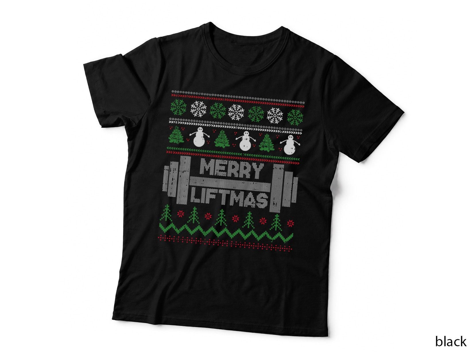 Merry Liftmas Ugly Sweater Pattern, Snowmen and Trees, Gym Workout Tee