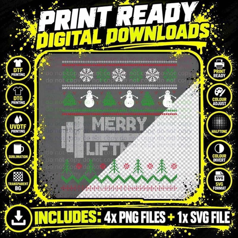 Merry Liftmas Ugly Sweater Pattern, Snowmen and Trees Png SVG Digital Bundle