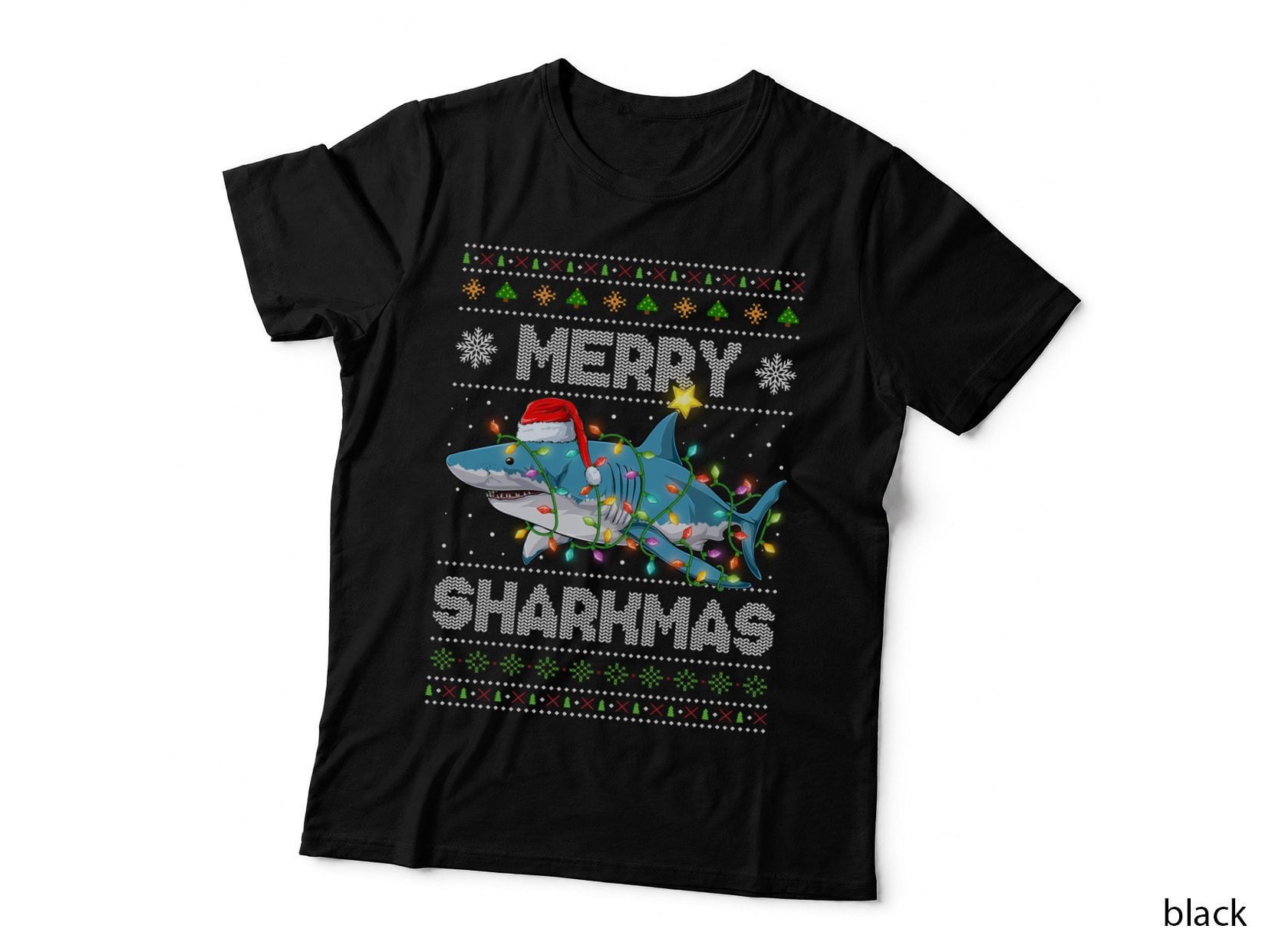 Merry Sharkmas Shark Santa Ugly Christmas Lights Boys Xmas T-Shirt