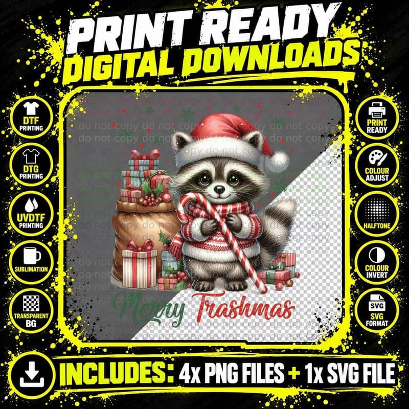 Merry Trashmas Raccoon Santa Hat, Candy Cane and Gifts Png SVG Digital Bundle