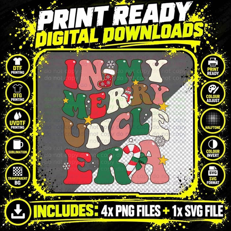 Merry Uncle Era Christmas T-Shirt, Groovy Retro Festive Png SVG Digital Bundle