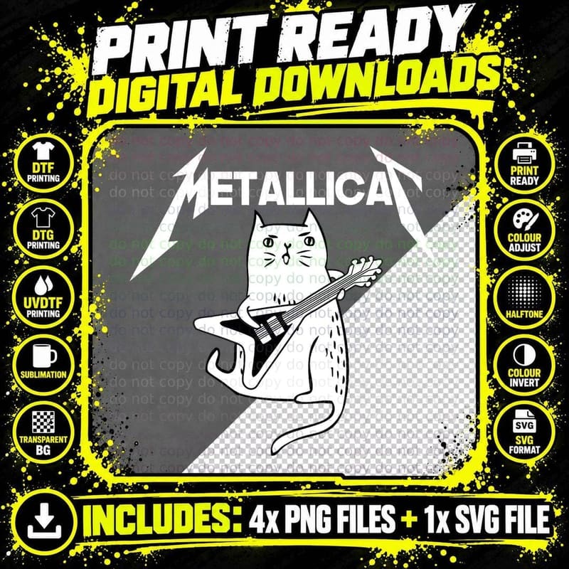 Metal Cat Playing Guitar Tee, Rock Band Kitty Christmas Png SVG Digital Bundle