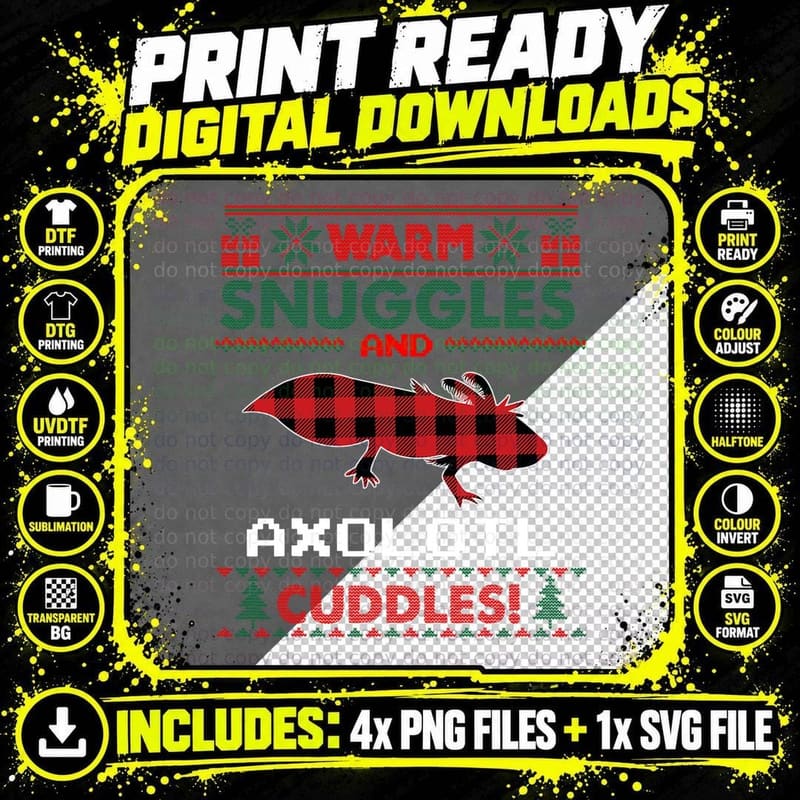Mexican Salamander Axolotl Plaid Ugly Christmas Sweater Png SVG Digital Bundle