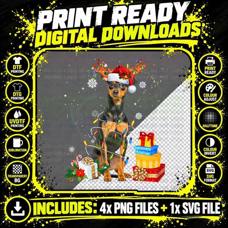 Miniature Pinscher Christmas Tree Light Pajama Dog Xmas Png SVG Digital Bundle