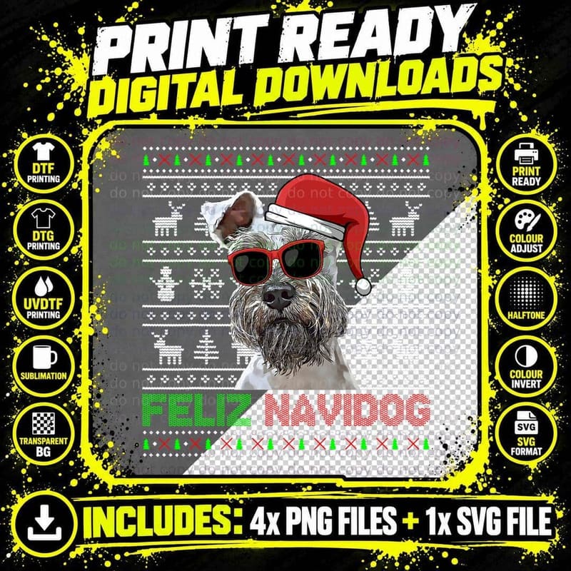 Miniature Schnauzer Dog Feliz Navidog T-Shirt Png SVG Digital Bundle