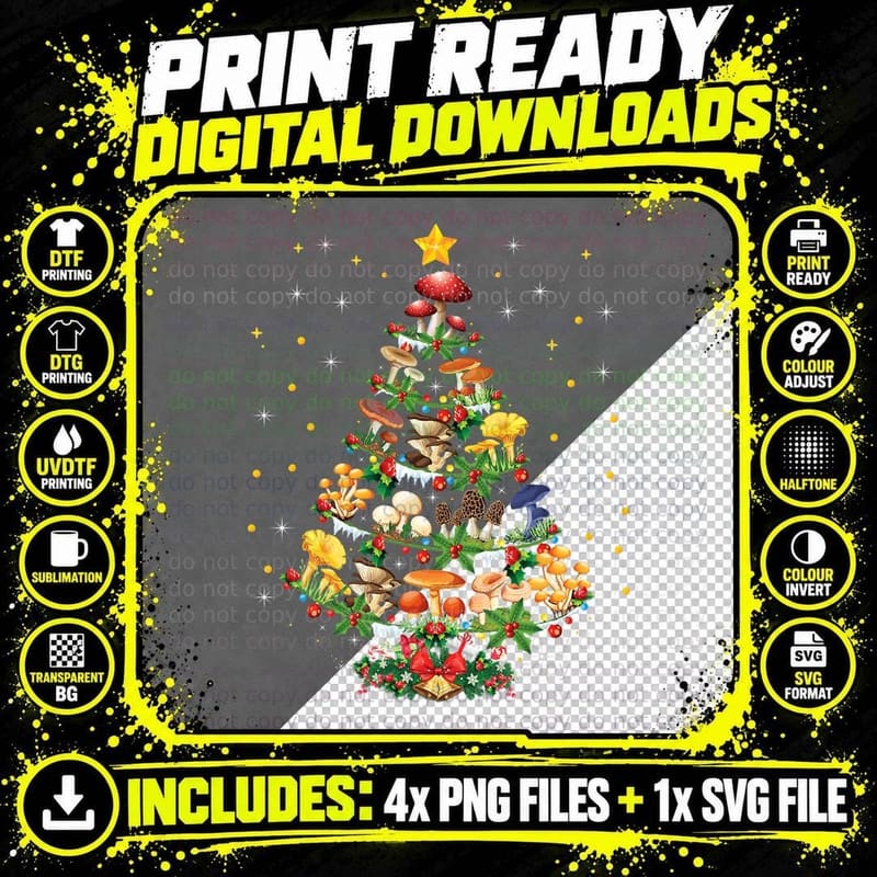 Mushroom Christmas Tree Tee, Toadstool Forager Holiday Png SVG Digital Bundle