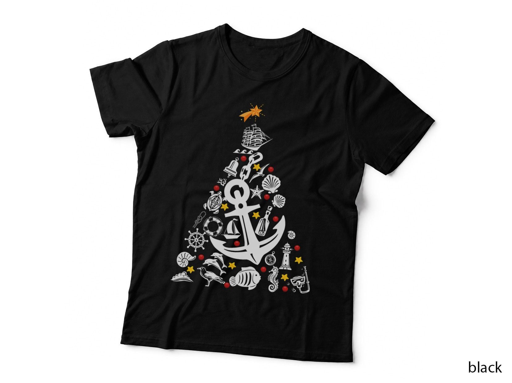 Nautical Christmas Tree T-Shirt, Anchor Shells Lighthouse, Coastal Sea Xmas