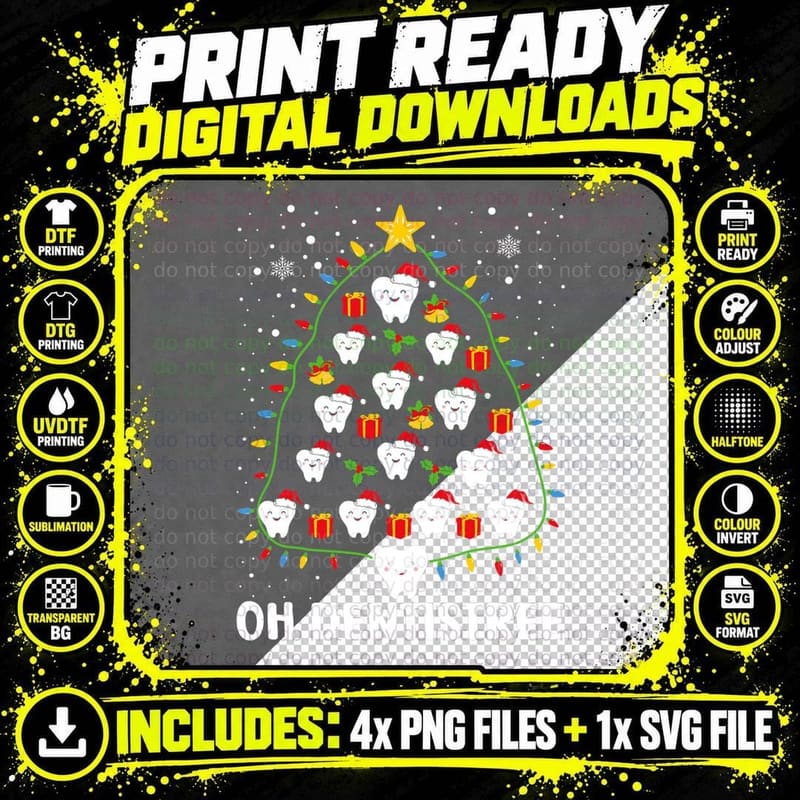 Oh Dentistree Funny Christmas Tree Lights Dentist Pajama Png SVG Digital Bundle