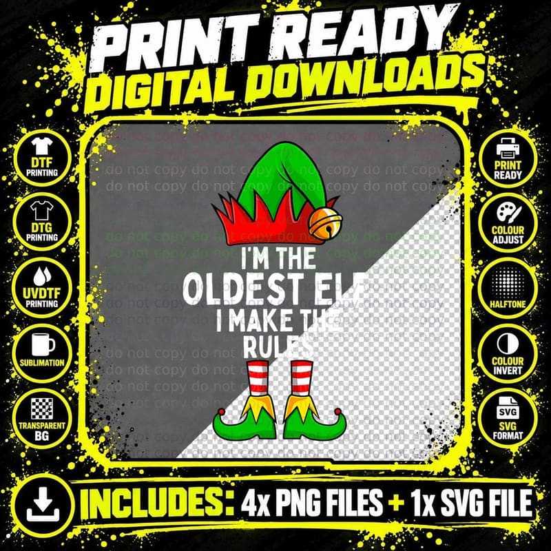 Oldest Elf Makes the Rules Tee, Family Matching Png SVG Digital Bundle