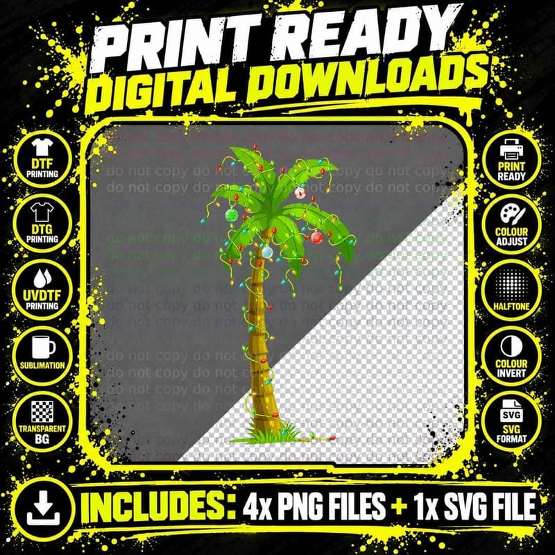 Palm Tree Christmas Lights & Ornaments Hawaii Tropical Png SVG Digital Bundle