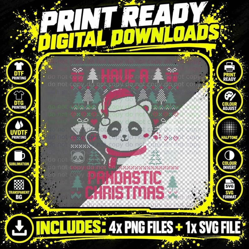 Pandastic Christmas - Funny Ugly Sweater Xmas Panda Gift Png SVG Digital Bundle