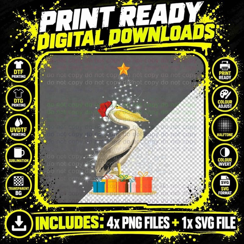 Pelican in Santa Hat Tee, Sparkly Christmas Tree Png SVG Digital Bundle